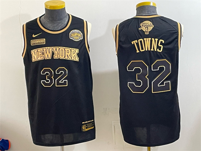 Men's New Yok Knicks #32 Karl-Anthony Towns Black Gold 2026 Finals & Eastern Conference Champions Patch Stitched Jersey